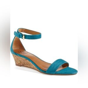 Tory Burch Savannah suede ankle strap wedge sandals in turquoise.